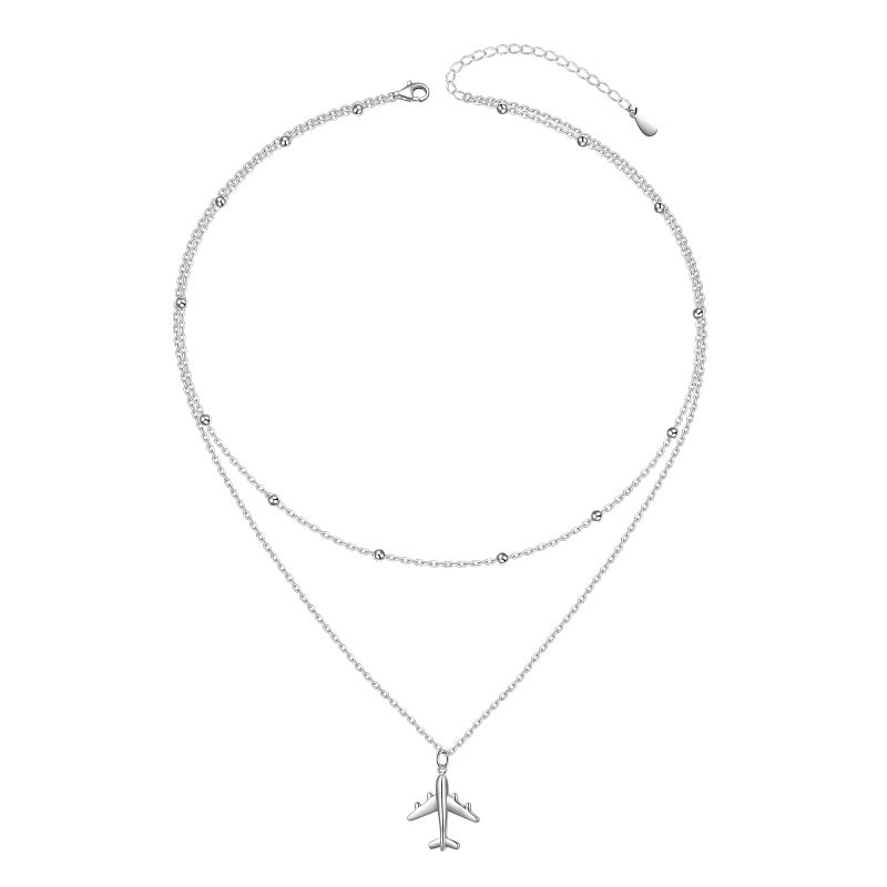 FLYOW Airplane Necklace 925 Sterling Silver Layered Choker Necklace for Women Mother Daughter Best Gifts for Stewardess Flight Attendants Pilots Airplane Jewelry Souvenirs Layered Necklace - Image 2