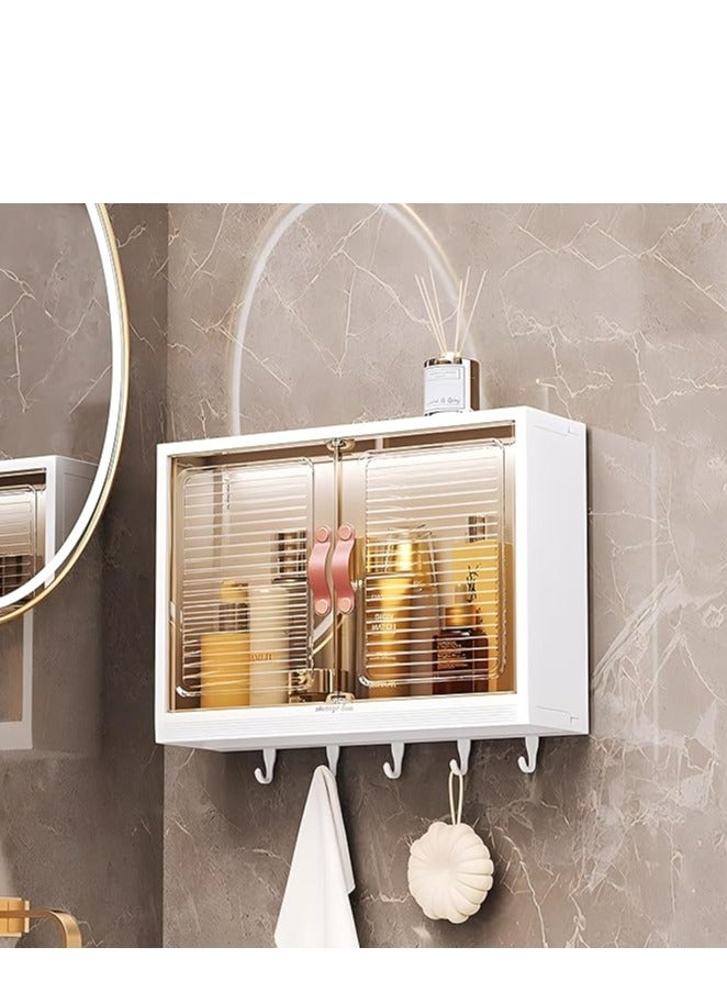Generic Bathroom Storage Cabinet Wall Mounted Bathroom Cabinet Storage Shelf with 5 Hooks Double Door Medicine Cabinet, Space Saving Bathroom Storage Cupboards for Bathroom Kitchen  - Image 1