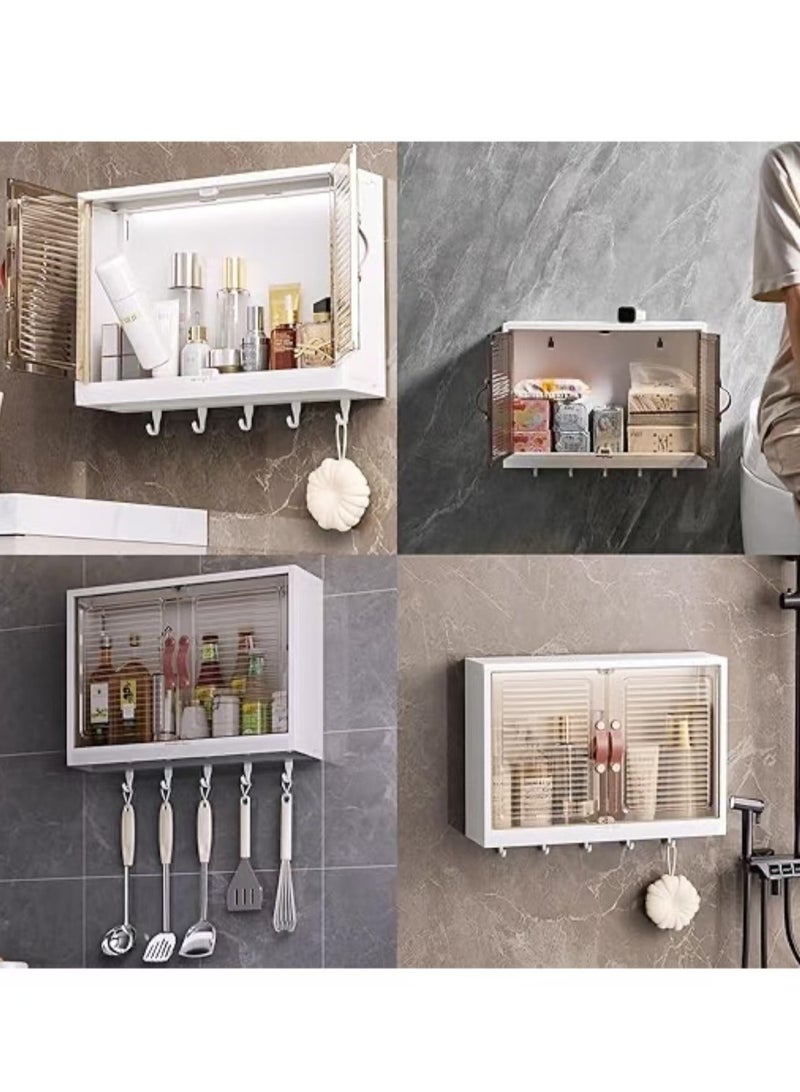 Generic Bathroom Storage Cabinet Wall Mounted Bathroom Cabinet Storage Shelf with 5 Hooks Double Door Medicine Cabinet, Space Saving Bathroom Storage Cupboards for Bathroom Kitchen  - Image 4