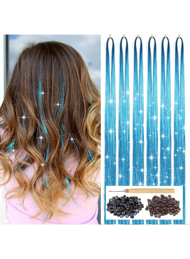 YOOONXI Sky Blue Hair Tinsel Kit with Tool 6pcs 1200 Strands Glitter Tinsel Hair Extensions Heat Resistant Sparkling Shiny Fairy Hair Accessories for Women Girls Kids 47Inch - Image 1