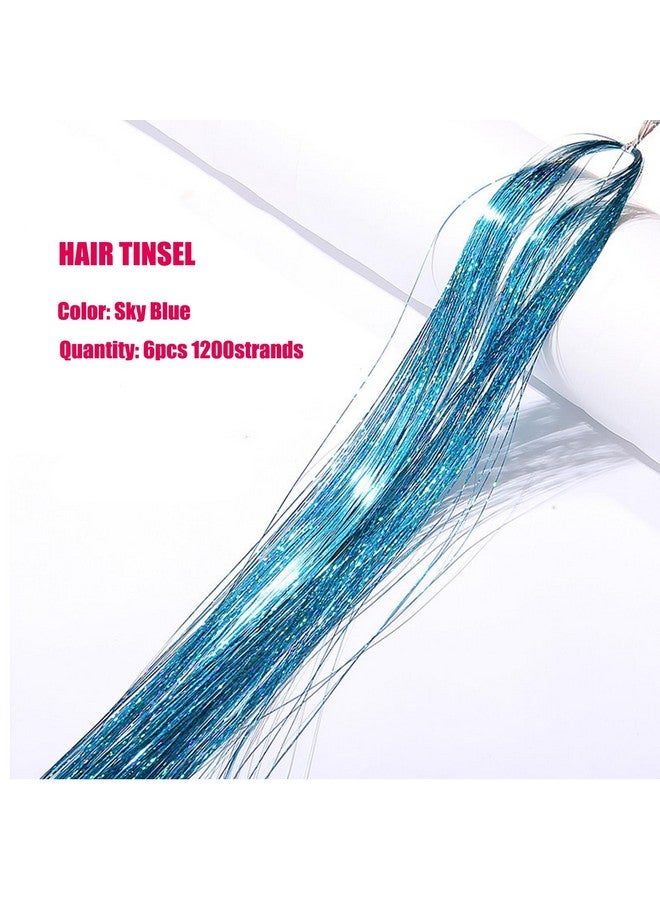 YOOONXI Sky Blue Hair Tinsel Kit with Tool 6pcs 1200 Strands Glitter Tinsel Hair Extensions Heat Resistant Sparkling Shiny Fairy Hair Accessories for Women Girls Kids 47Inch - Image 2