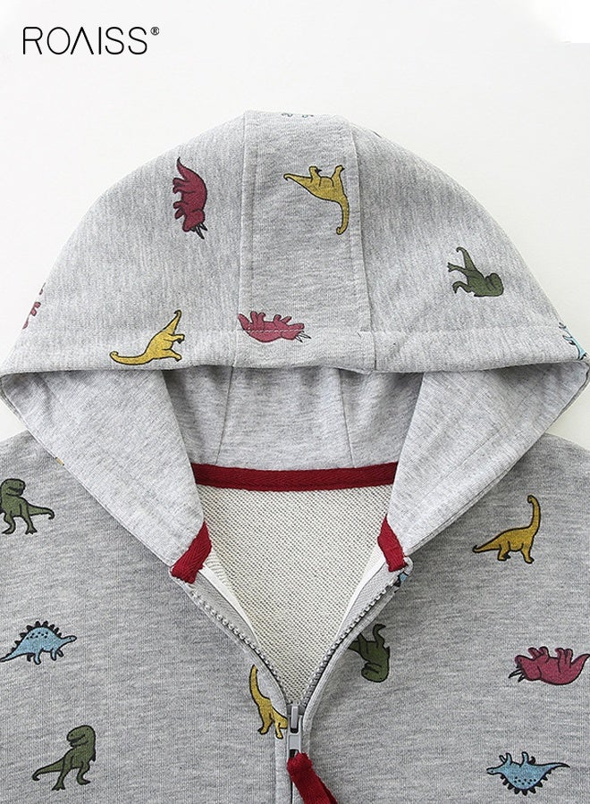 رويس سترات بغطاء رأس وسحاب كامل للأولاد الصغار، سترة مريحة بغطاء رأس بنقوش ديناصورات، سترة خارجية بأكمام طويلة للأولاد، مناسبة للارتداء اليومي والمناسبات الأخرى - Image 3