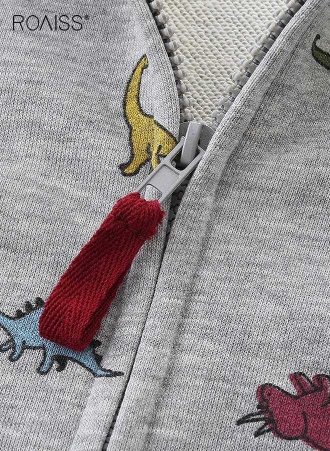 رويس سترات بغطاء رأس وسحاب كامل للأولاد الصغار، سترة مريحة بغطاء رأس بنقوش ديناصورات، سترة خارجية بأكمام طويلة للأولاد، مناسبة للارتداء اليومي والمناسبات الأخرى - Image 4