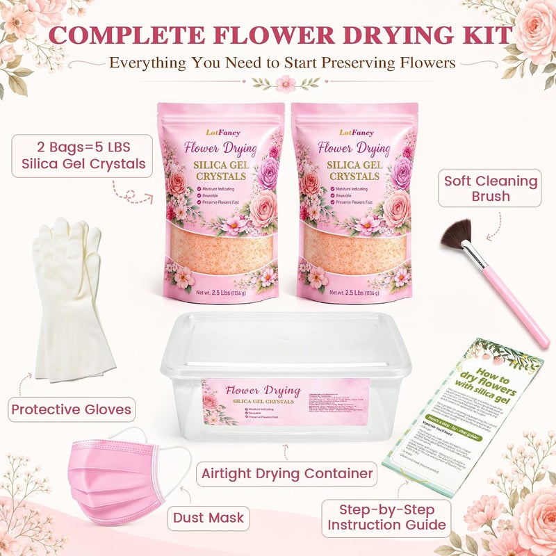 LotFancy Silica Gel Flower Drying Kit, 5 LBS Reusable Color-Indicating Silica Gel Crystals with Airtight Container, Brush, Wedding Bouquet Preservation Kit, Fine Bead Size<1mm - Image 2