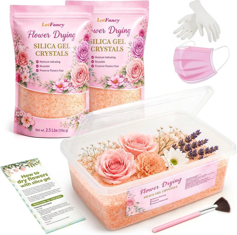 LotFancy Silica Gel Flower Drying Kit, 5 LBS Reusable Color-Indicating Silica Gel Crystals with Airtight Container, Brush, Wedding Bouquet Preservation Kit, Fine Bead Size<1mm - Image 1