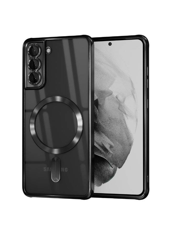 جراب مغناطيسي لهاتف Samsung Galaxy S21، جراب شفاف رفيع مطلي بالكهرباء لهاتف Samsung S21 مع حماية للكاميرا، جراب مقاوم للصدمات لهاتف Samsung S21 متوافق مع MagSafe، أسود - Image 1