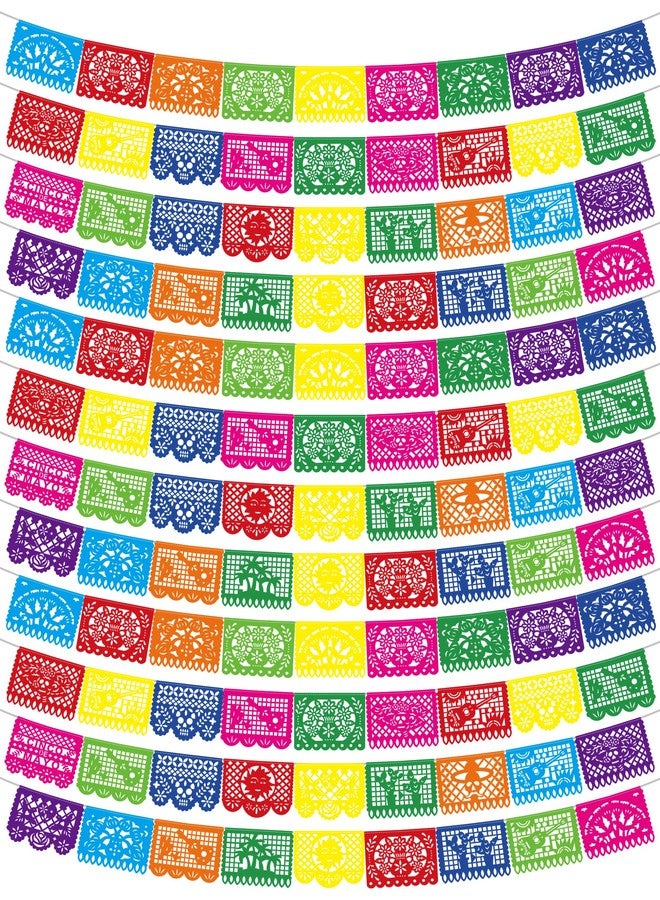 Heartome 12 Pack Cinco De Mayo Banner, 216 FT Fiesta Banner Mexican Party Decorations Plastic Papel Picado Double Side Indoor Outdoor Home Yard String Flags Dia De Los Muertos Day of the Dead Hanging Decor - Image 1