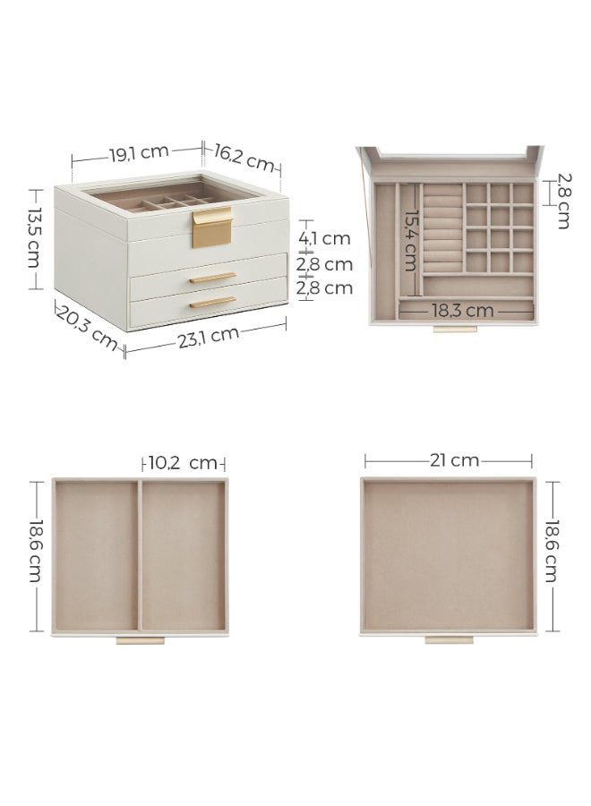 SONGMICS Jewellery Box with Glass Lid, 3-Layer Jewellery Organiser with 2 Drawers, Jewellery Storage, Plenty of Storage, Modern, Gift Idea, 20.3 x 23.1 x 13.5 cm, Cloud White and Gold - Image 5
