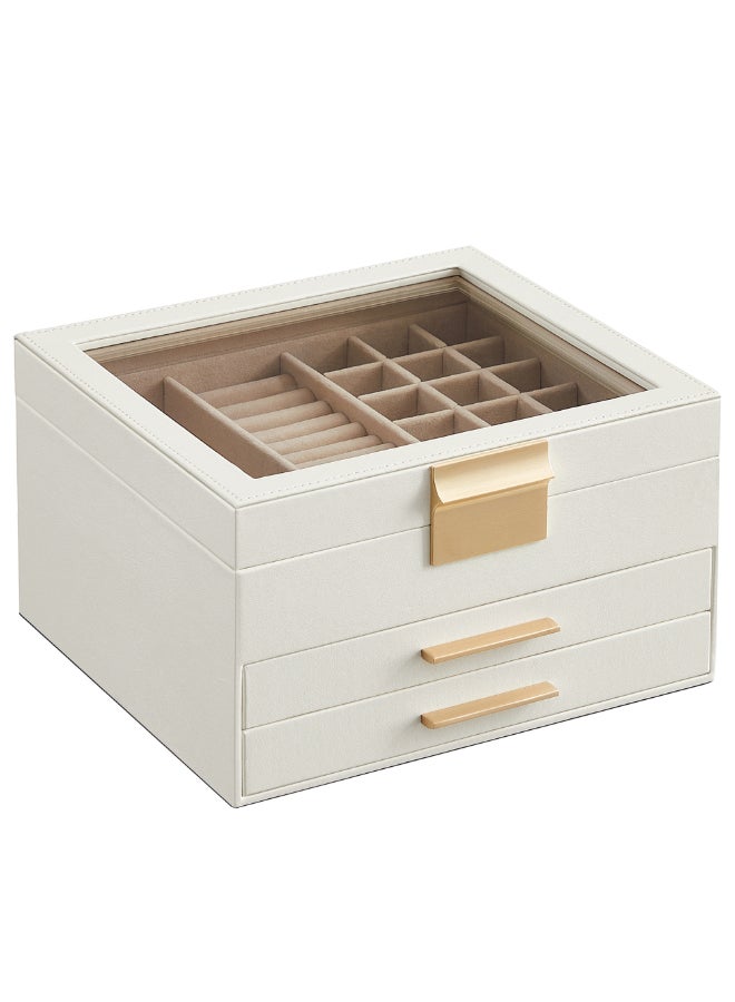 SONGMICS Jewellery Box with Glass Lid, 3-Layer Jewellery Organiser with 2 Drawers, Jewellery Storage, Plenty of Storage, Modern, Gift Idea, 20.3 x 23.1 x 13.5 cm, Cloud White and Gold - Image 1