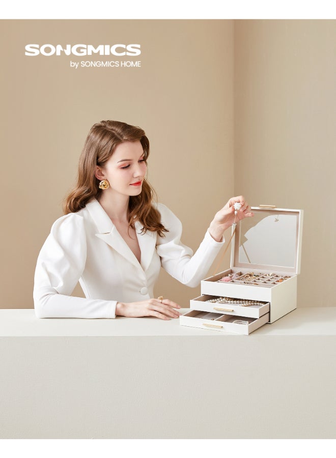 SONGMICS Jewellery Box with Glass Lid, 3-Layer Jewellery Organiser with 2 Drawers, Jewellery Storage, Plenty of Storage, Modern, Gift Idea, 20.3 x 23.1 x 13.5 cm, Cloud White and Gold - Image 2