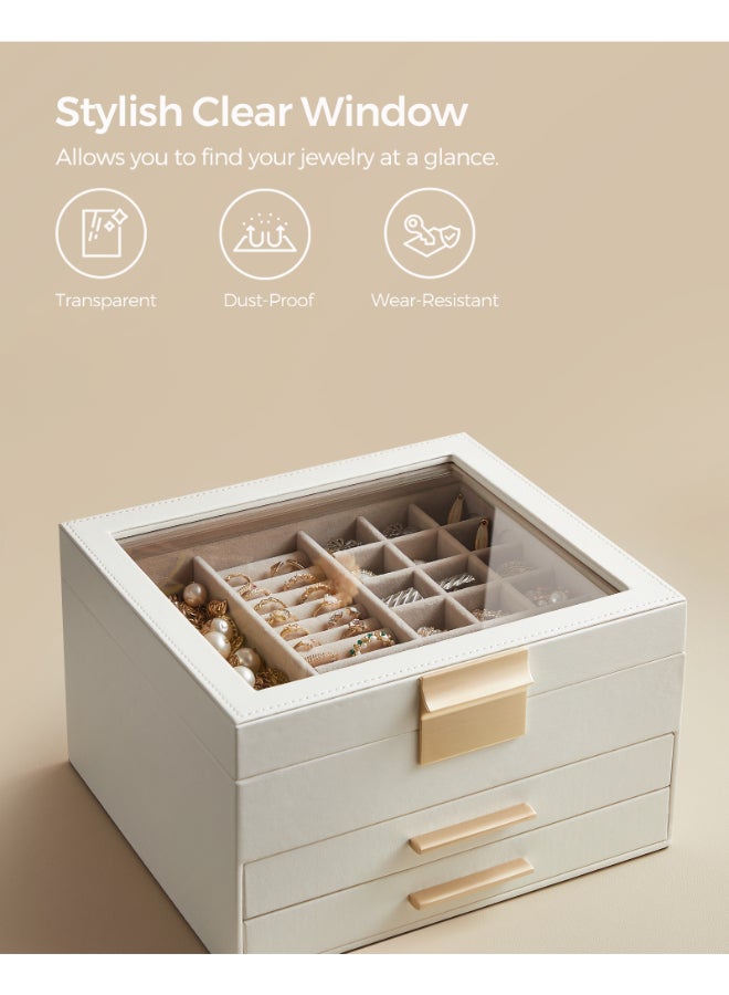 SONGMICS Jewellery Box with Glass Lid, 3-Layer Jewellery Organiser with 2 Drawers, Jewellery Storage, Plenty of Storage, Modern, Gift Idea, 20.3 x 23.1 x 13.5 cm, Cloud White and Gold - Image 4