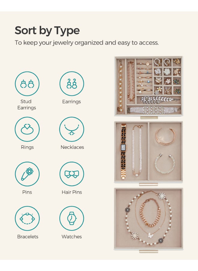 SONGMICS Jewellery Box with Glass Lid, 3-Layer Jewellery Organiser with 2 Drawers, Jewellery Storage, Plenty of Storage, Modern, Gift Idea, 20.3 x 23.1 x 13.5 cm, Cloud White and Gold - Image 3