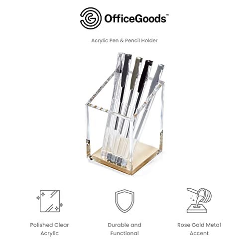 OfficeGoods Acrylic Pen & Pencil Holder - Modern Trapezoid Design - Beautiful Desk Organizer for Home or Office - Contrasting Metal Base - 3" Square w/ 3.5" Front & 4.5" Back - Gold - Image 3