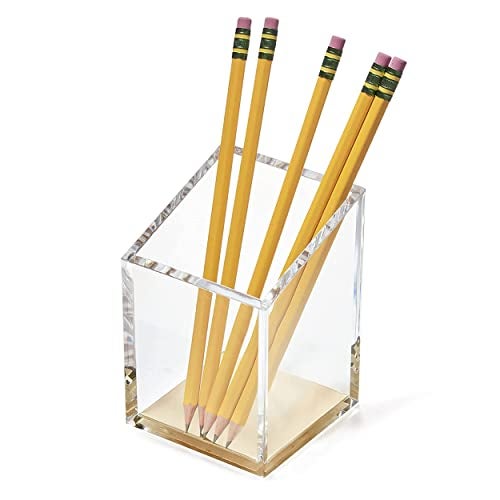 OfficeGoods Acrylic Pen & Pencil Holder - Modern Trapezoid Design - Beautiful Desk Organizer for Home or Office - Contrasting Metal Base - 3" Square w/ 3.5" Front & 4.5" Back - Gold - Image 4