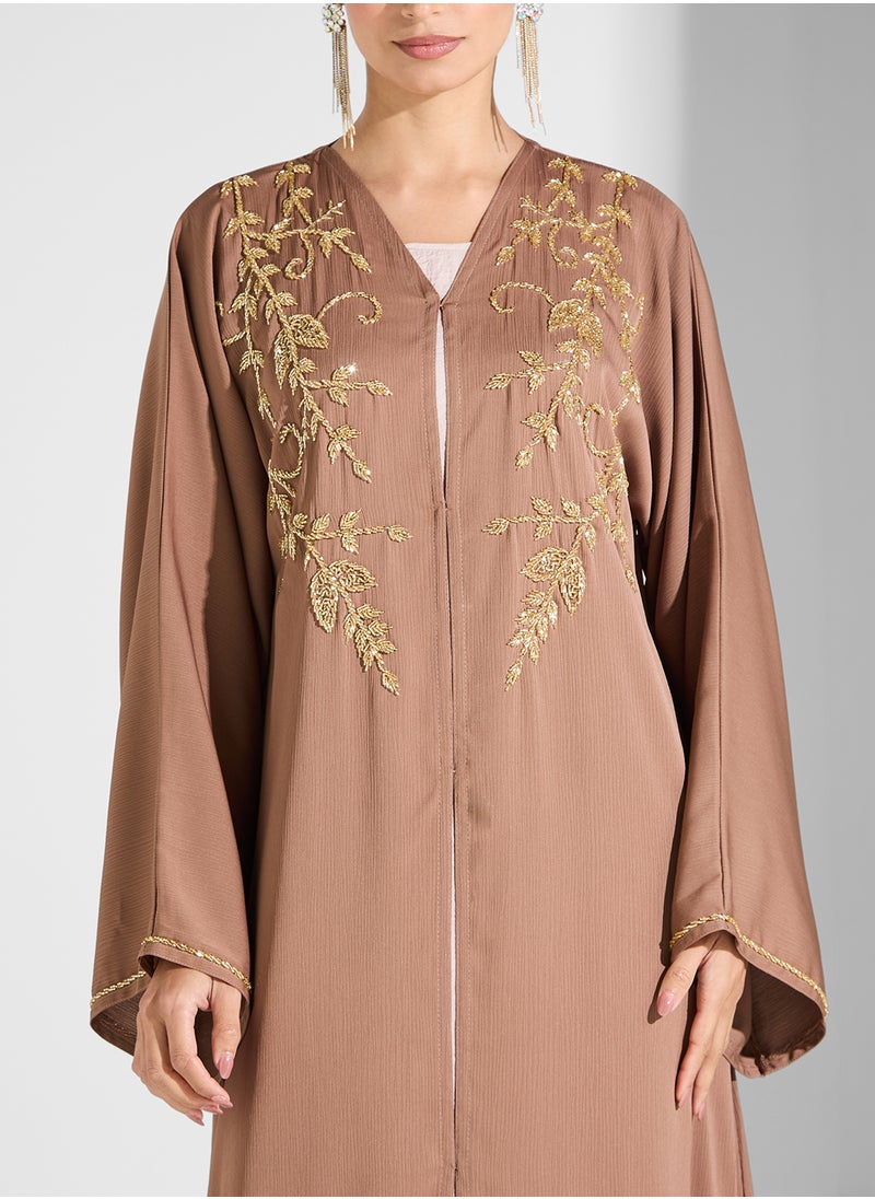 hayas closet - V-Neck Embroidered Flared Sleeve Abaya - Image 1