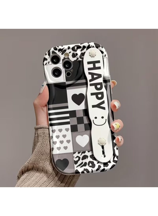 Temu A mobile phone case with a creamy ribbon, a happy smile, and a black and white square stripe print; shockproof and scratch-resistant; compatible with iPhone 15 Pro. - Image 2
