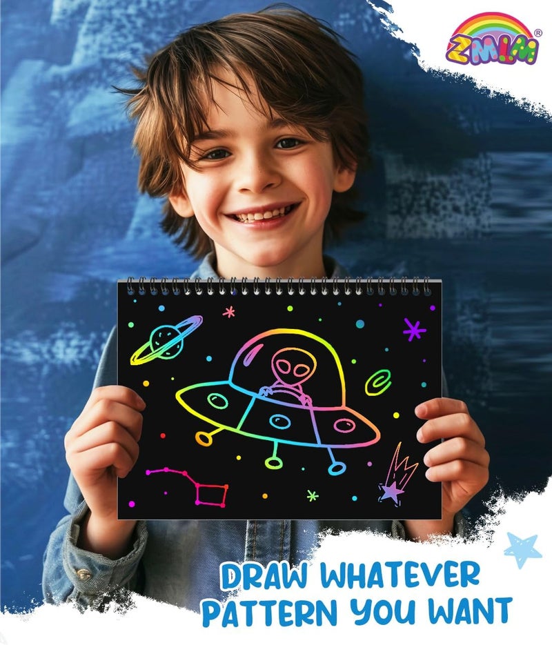 ZMLM Scratch Paper Art-Crafts Gift: 2 Pack Rainbow Notebooks Supplies Toys Easter Basket Stuffers for 3 4 5 6 7 8 9 10 Years Old Girls and Boys Kids Birthday Party Games (Blue) - Image 3