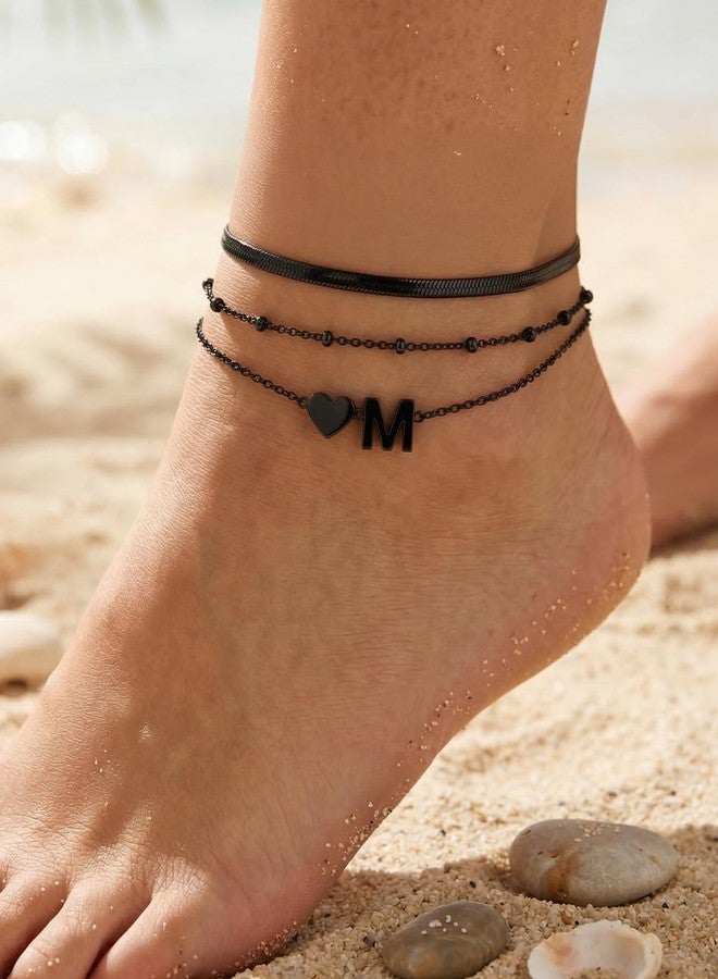 Silvora Layered Initial Anklet for Women Ankle Bracelets for Women Waterproof Black Dainty Heart Ankle Bracelets Adjustable Foot Chain Stainless Steel Anklets Non Tarnish Stacks Jewelr Letter M - Image 3
