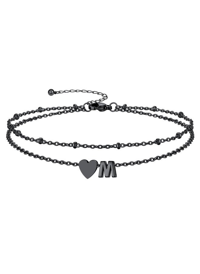 Silvora Layered Initial Anklet for Women Ankle Bracelets for Women Waterproof Black Dainty Heart Ankle Bracelets Adjustable Foot Chain Stainless Steel Anklets Non Tarnish Stacks Jewelr Letter M - Image 1