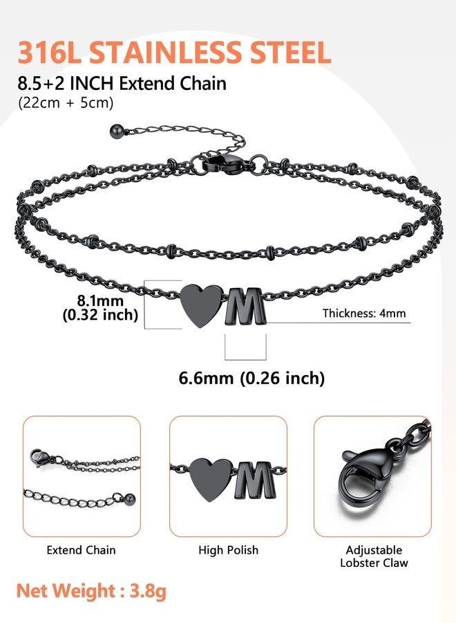 Silvora Layered Initial Anklet for Women Ankle Bracelets for Women Waterproof Black Dainty Heart Ankle Bracelets Adjustable Foot Chain Stainless Steel Anklets Non Tarnish Stacks Jewelr Letter M - Image 5