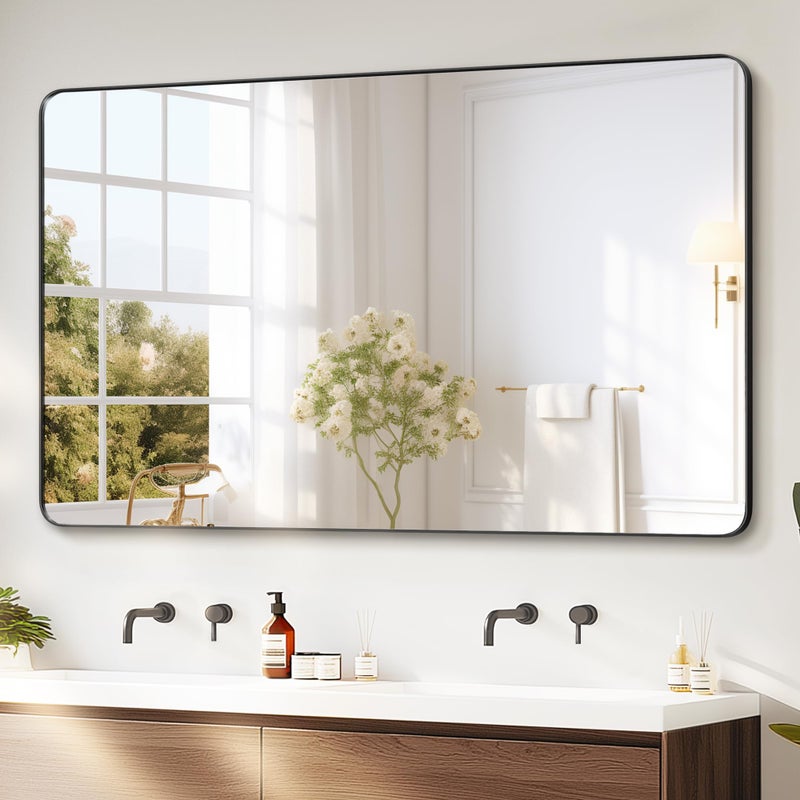 Delma Black Framed Bathroom Vanity Mirror for Over Sink, 50x30 Inch High-Definition Wall Mirror with Horizontal/Vertical Hanging, Durable Rust-Resistant Bathroom Mirror for Modern Decor (Black) - Image 1