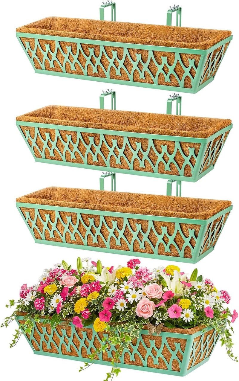 Karlliu 4 Pack 24 Inch Window Boxes Planters Railing Planter Box with Adjustable Brackets for Porch Fence Patio Balcony Hanging Flower Baskets with Coco Liners for Outdoor Garden Decor - Green - Image 1