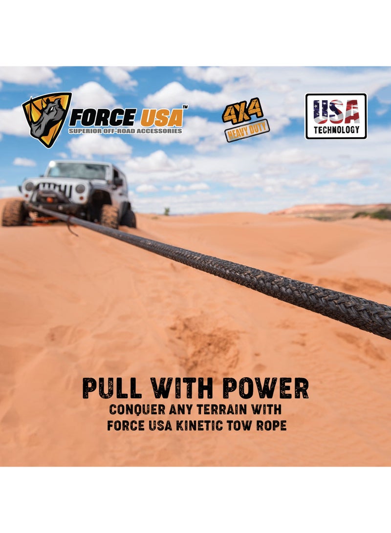 FORCE USA حبل استرداد حركي 9م 13.2 طن - حزام سحب ثقيل للاستخدام في الطرق الوعرة مع حلقات معززة - معدات استرداد SUV، 4x4، ATV - حبل ممتص للصدمات ومقاوم للعوامل الجوية - Image 2