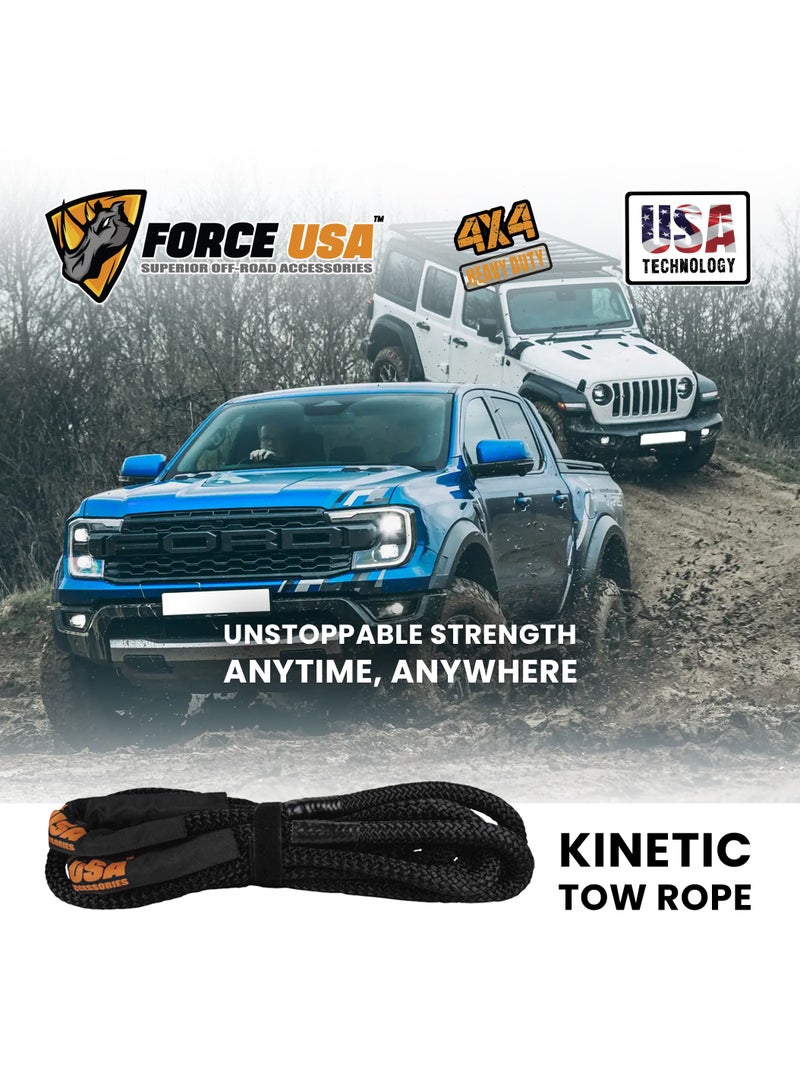 FORCE USA حبل استرداد حركي 9م 13.2 طن - حزام سحب ثقيل للاستخدام في الطرق الوعرة مع حلقات معززة - معدات استرداد SUV، 4x4، ATV - حبل ممتص للصدمات ومقاوم للعوامل الجوية - Image 4