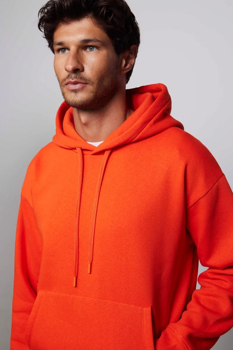 تودورس Unisex Oversize Wide Cut Cotton Soft Textured Polar Fleece Basic Orange Hooded Sweatshirt