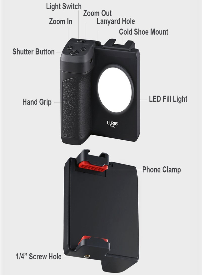 UURIG UURIG PH-10 Wireless Handle Grip Phone Holder Stabilizer for Smartphone Vlog Selfie with Remote Control Cold Shoe Mount 1/4 Inch Screw Hole Built-in LED Fill Light Battery Replacement for iPhone  - Image 2