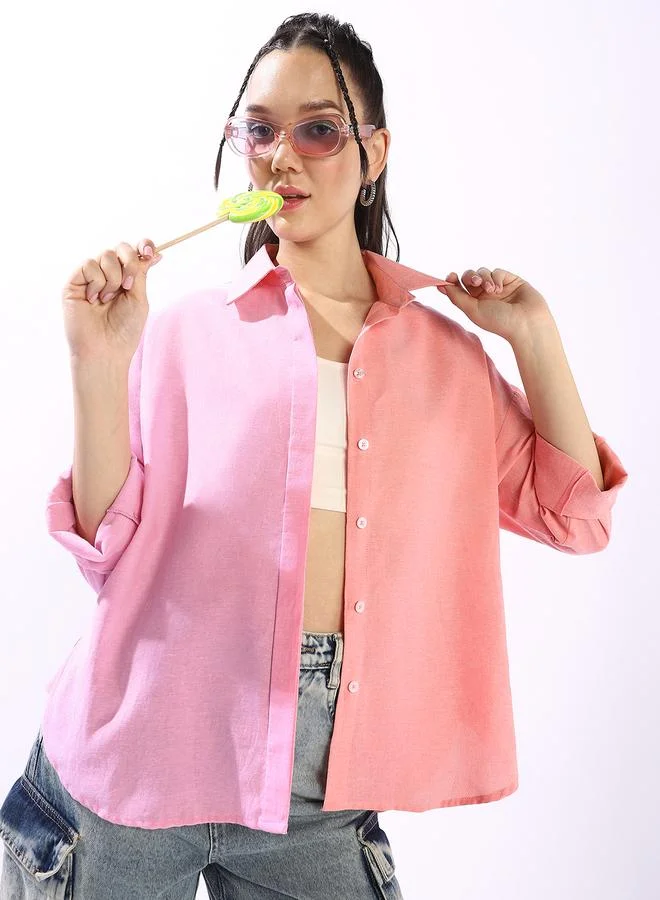 Women's Multicolour 100% Cotton Colour Blocked Button Down Oversized Shirt
