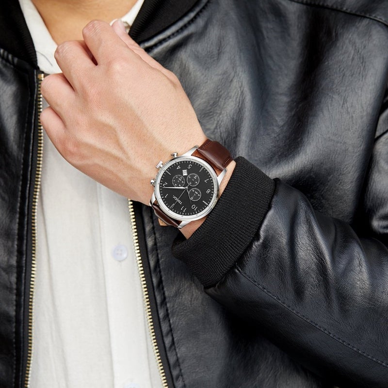 ترندا ساعة رجال مصنوعة من الفولاذ المقاوم للصدأ من TRNDA - مينا رمادي داكن وسوار جلد بني - Image 2