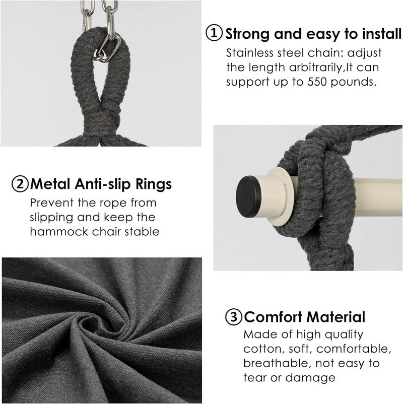 Harmony Home كرسي هارموني هوم للسفر من قماش الهاموك معلق في الحديقة لغرفة النوم، بحد أقصى 150 كجم، مع وسادتين، كرسي ماكرامي كبير مع جيب، نسج قطن لراحة فائقة، متانة باللون الأسود - Image 4