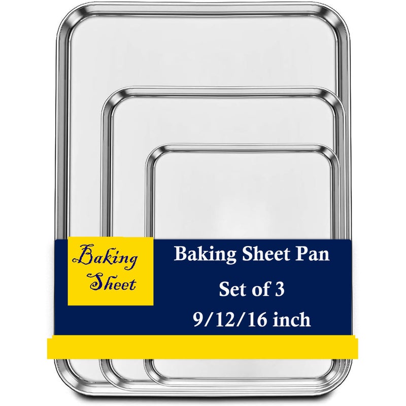 ZOEHROWS Set of 3 Baking Sheet, Stainless Steel Cookie Sheet Baking Sheet Pan, 9/12/16 Inch Cookie Tray Pans for Baking, Non Toxic & Easy Clean - Image 1