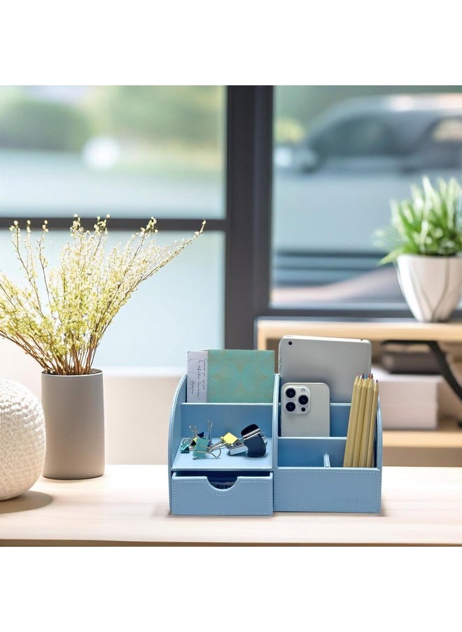 UnionBasic Desk Organizer - Multifunctional Leather Desktop Pen Holder Storage Box - Business Card/Pen/Pencil/Mobile Phone/Stationery Holder, Blue  - Image 4