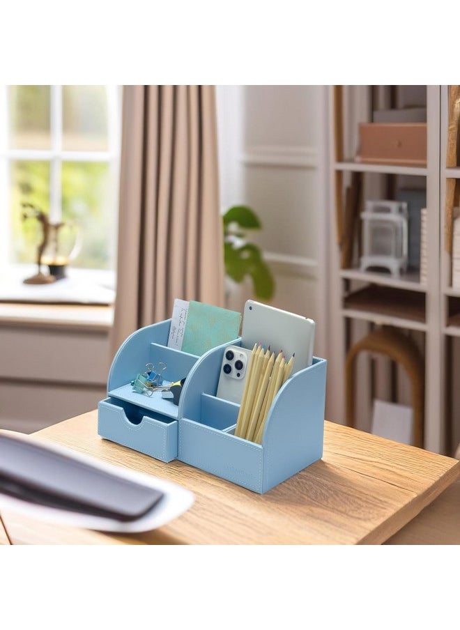 UnionBasic Desk Organizer - Multifunctional Leather Desktop Pen Holder Storage Box - Business Card/Pen/Pencil/Mobile Phone/Stationery Holder, Blue  - Image 2