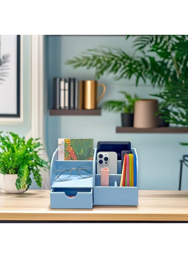 UnionBasic Desk Organizer - Multifunctional Leather Desktop Pen Holder Storage Box - Business Card/Pen/Pencil/Mobile Phone/Stationery Holder, Blue  - Image 1