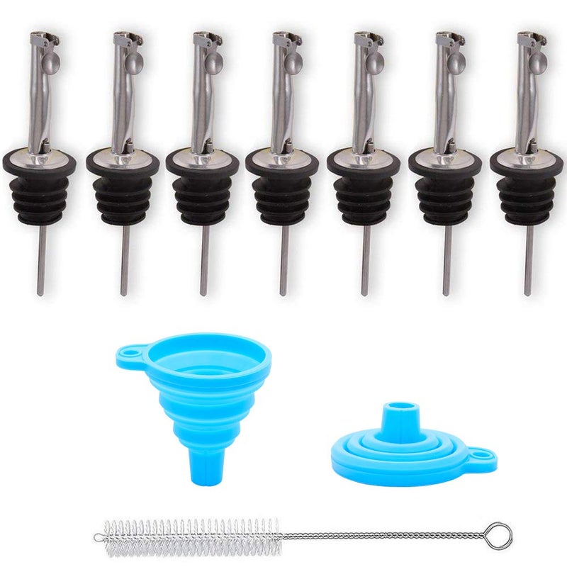 LEGERM 7Piece Stainless Steel Flip Top Oil Pour Spouts with Funnel Leakproof Speed Pourer Nozzles for 34 Bottles Universal for Olive Oil Vinegar Liquor