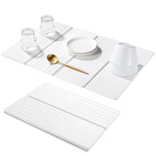 Kssiaz Large Stone Dish Drying Mat for Kitchen Counter, Quick Dry Stone Dishes Mats, 23.6"(L)×15.4"(W), Water Absorbing Diatomaceous Earth Drying Pad for Countertop Bottles Utensils Cups, White - Image 1