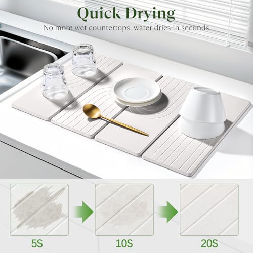 Kssiaz Large Stone Dish Drying Mat for Kitchen Counter, Quick Dry Stone Dishes Mats, 23.6"(L)×15.4"(W), Water Absorbing Diatomaceous Earth Drying Pad for Countertop Bottles Utensils Cups, White - Image 2