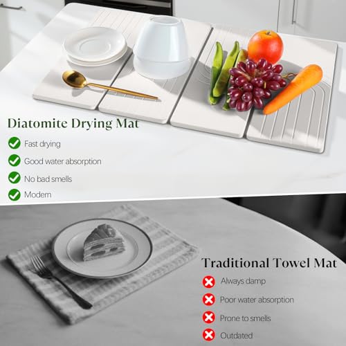 Kssiaz Large Stone Dish Drying Mat for Kitchen Counter, Quick Dry Stone Dishes Mats, 23.6"(L)×15.4"(W), Water Absorbing Diatomaceous Earth Drying Pad for Countertop Bottles Utensils Cups, White - Image 5