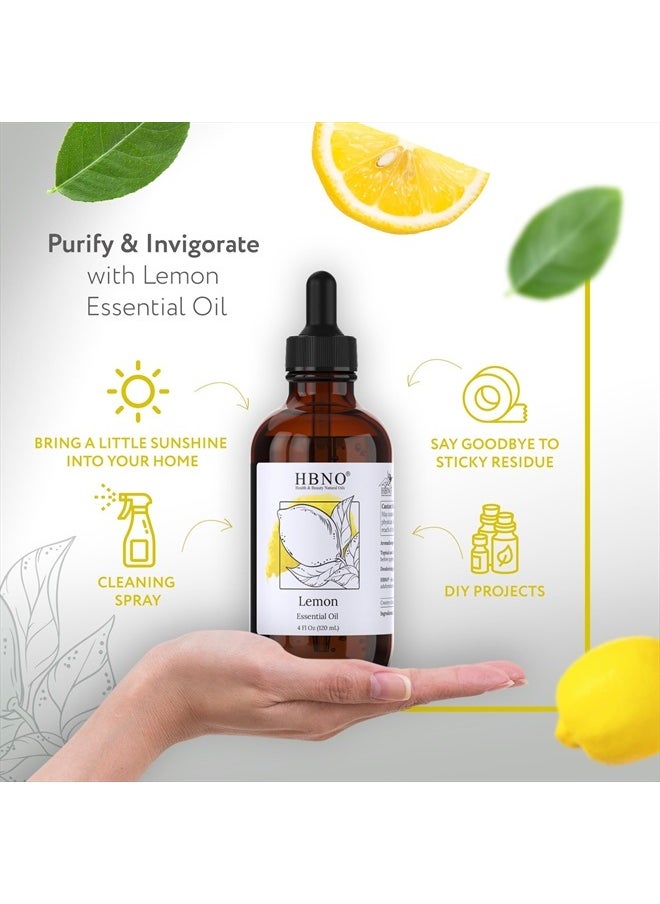 hbno - Lemon Essential Oil - Huge 4 oz (120ml) Value Size - Natural Lemon Oil, Cold Pressed - Perfect for Cleaning, Aromatherapy, DIY, Soap & Diffuser - Lemon Essential Oils - Image 1