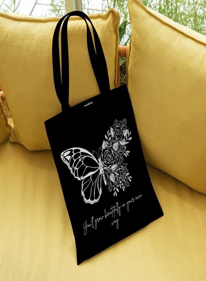 TrendoPrint حقيبة تسوق سوداء مطبوعة صديقة للبيئة من تريندوبرينت، مقاس 14 × 16 بوصة، مع حقيبة مكياج، مناسبة للجامعة والتسوق والسفر (TB154) - Image 3