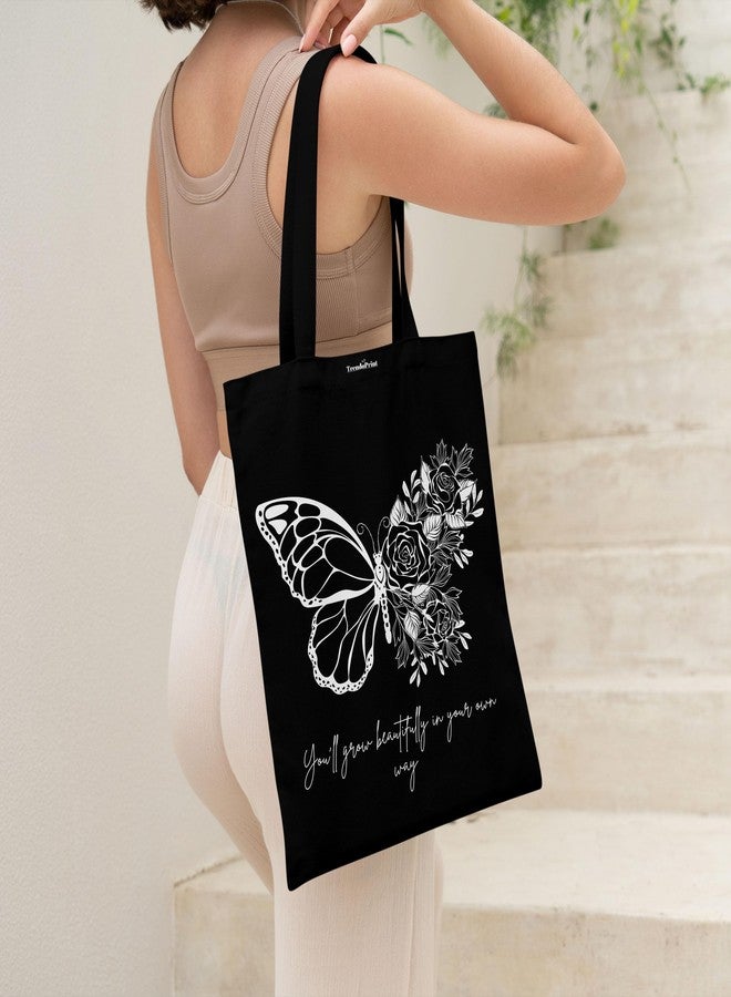 TrendoPrint حقيبة تسوق سوداء مطبوعة صديقة للبيئة من تريندوبرينت، مقاس 14 × 16 بوصة، مع حقيبة مكياج، مناسبة للجامعة والتسوق والسفر (TB154) - Image 5