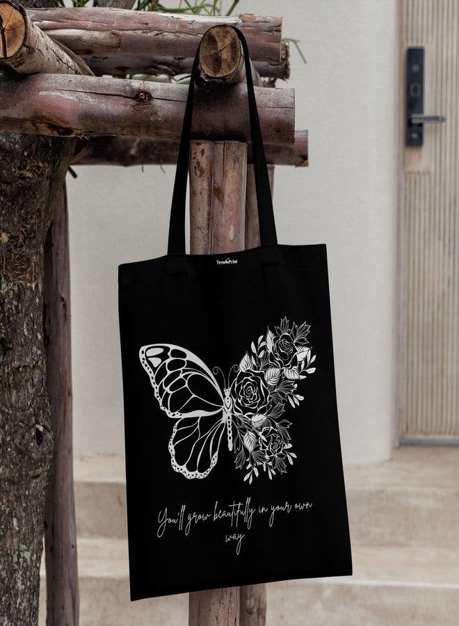 TrendoPrint حقيبة تسوق سوداء مطبوعة صديقة للبيئة من تريندوبرينت، مقاس 14 × 16 بوصة، مع حقيبة مكياج، مناسبة للجامعة والتسوق والسفر (TB154) - Image 4