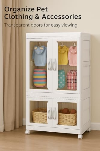 CXCJAI Pet Clothing Storage Cabinet with Hanging Rod Foldable Plastic Storage Bin 2-Tier Dog Clothes Organizer for Small Pets Lightweight, Waterproof– Portable Cat Wardrobe Closet - Image 3