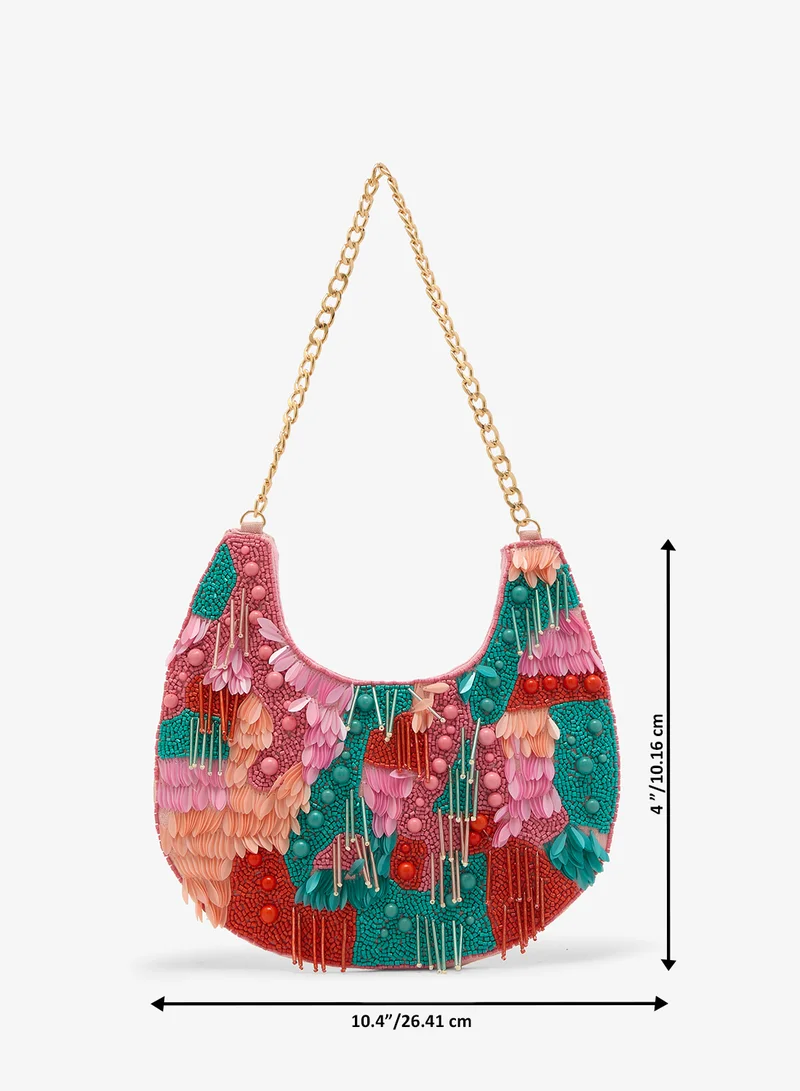Ginger Boutique Pink Embroidered Beaded Tassle Detail Clutch for Women | Best Price UAE