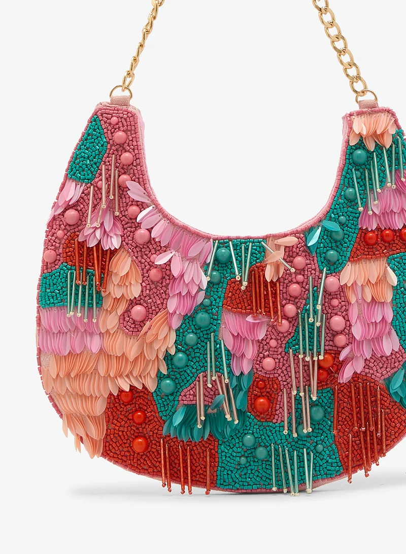 Ginger Boutique Pink Embroidered Beaded Tassle Detail Clutch for Women | Best Price UAE