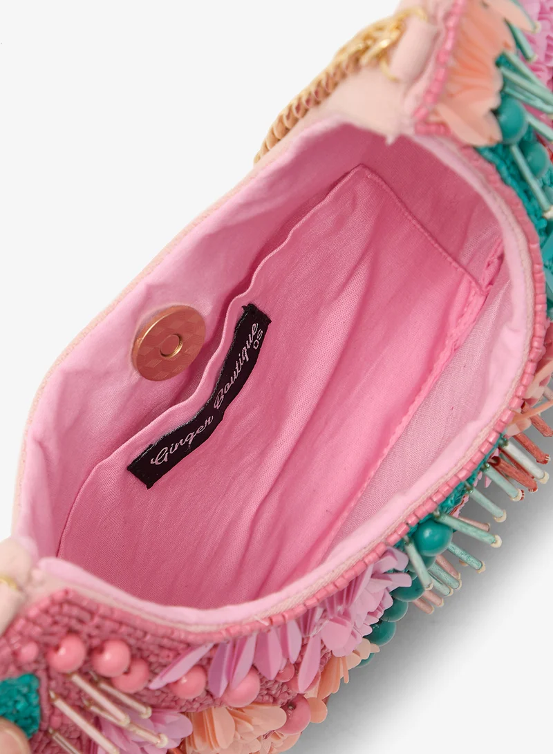 Ginger Boutique Pink Embroidered Beaded Tassle Detail Clutch for Women | Best Price UAE