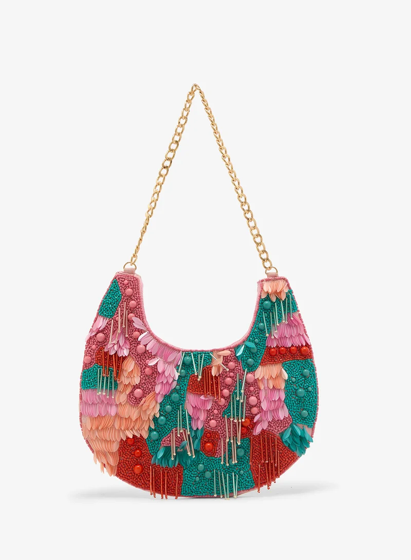 Embroidered Beaded Tassle Detail Clutch